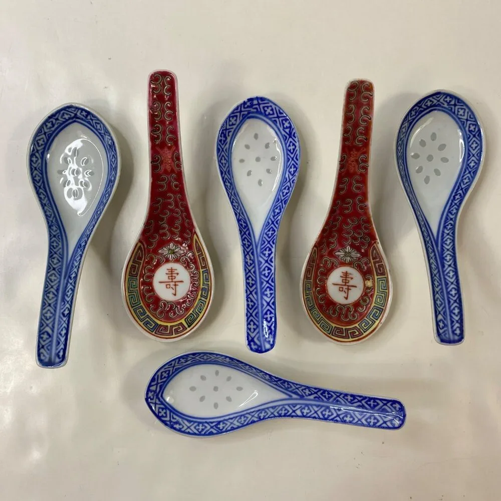 Set of 6 Porcelain Chinese Mun Shou Ceramic Soups Spoon Rice Eyes
